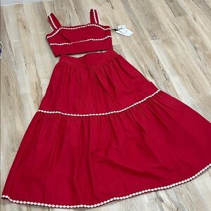 NWT Japna Women’s Skirt Set Small Red 100% Cotton Crop Top Midi Boho Ric Rac